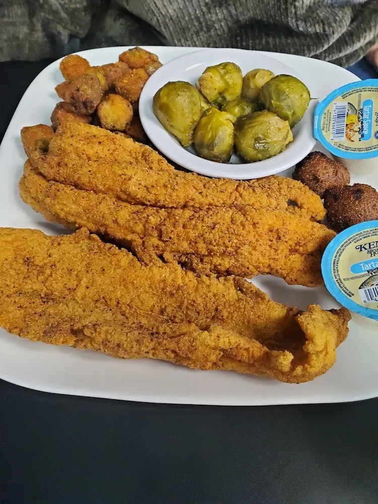 Catfish Filets with Fried Okra and Brussels Sprouts